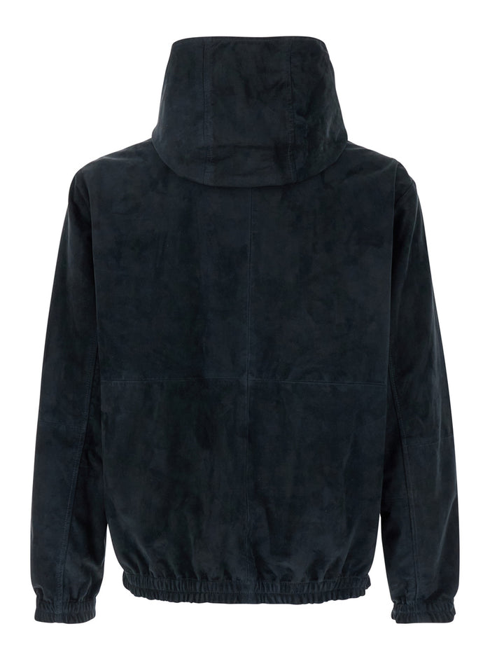 Dark Blue Reversible Jacket With Hood Suede And Tech Fabric Man Blu Lamb