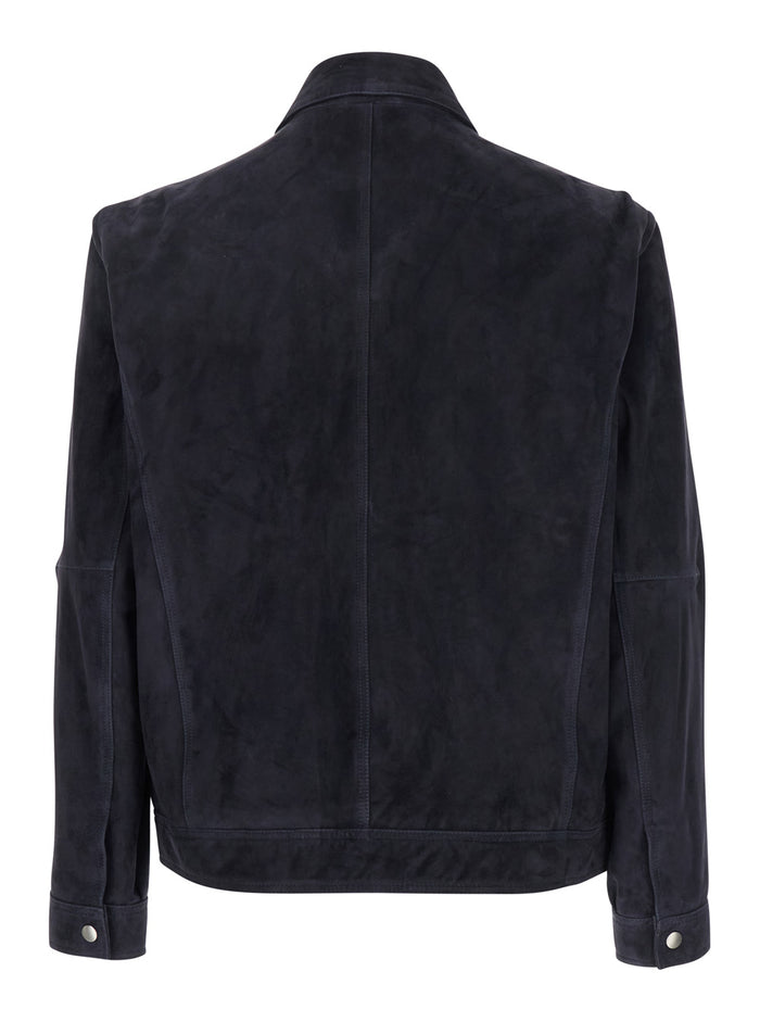 Wani Blue Jacket With Classic Collar Suede Man Blu Goat