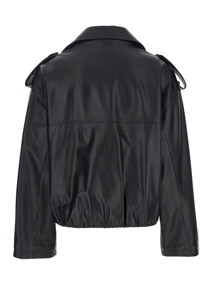 Rima Black Double Breasted Jacket Leather Woman Lamb