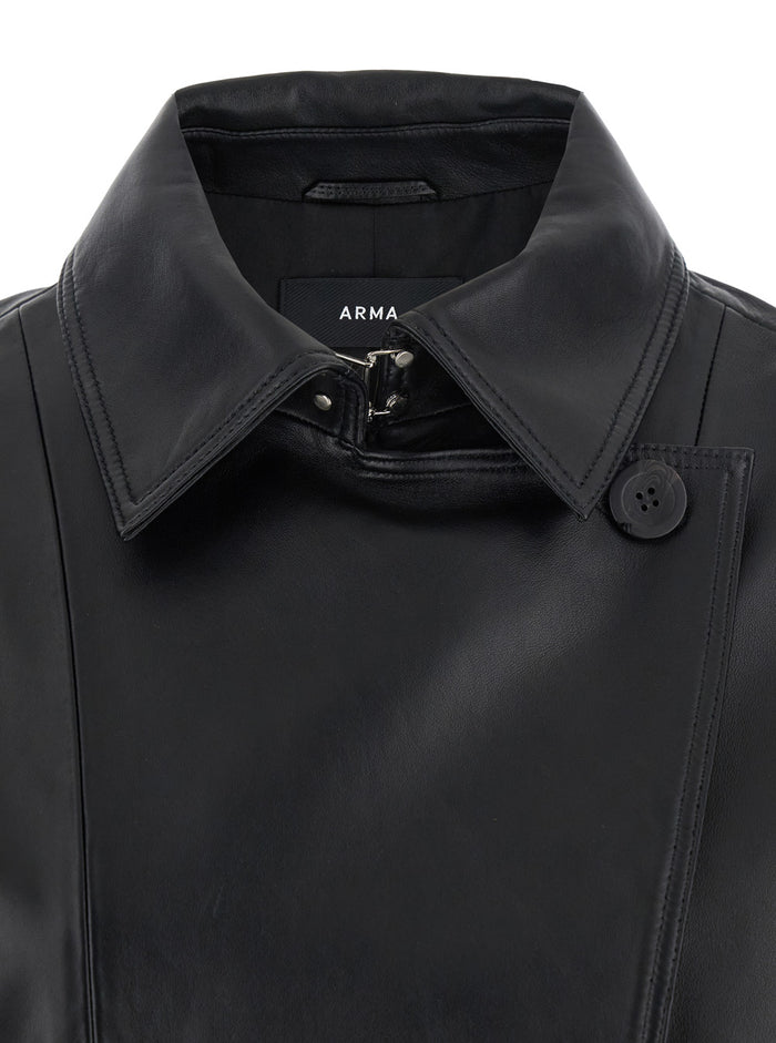 Rima Black Double Breasted Jacket Leather Woman Lamb
