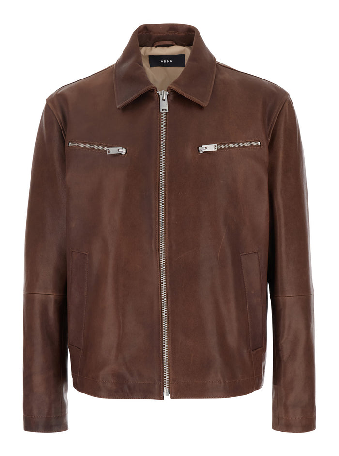 Maze Brown Jacket With Classic Collar And Zipped Cuffs Leather Man Lamb