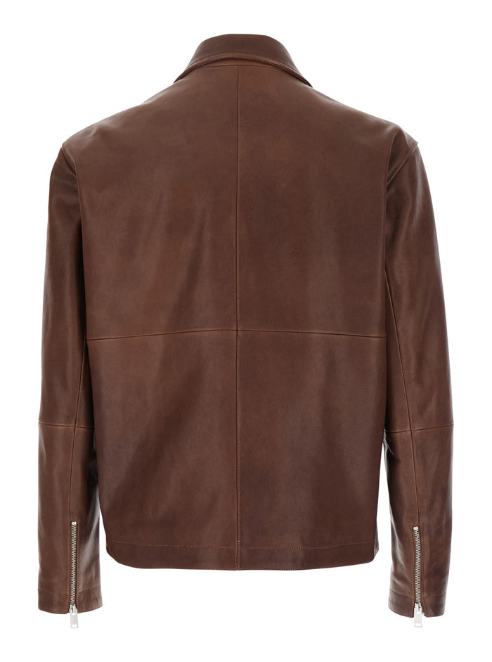 Maze Brown Jacket With Classic Collar And Zipped Cuffs Leather Man Lamb