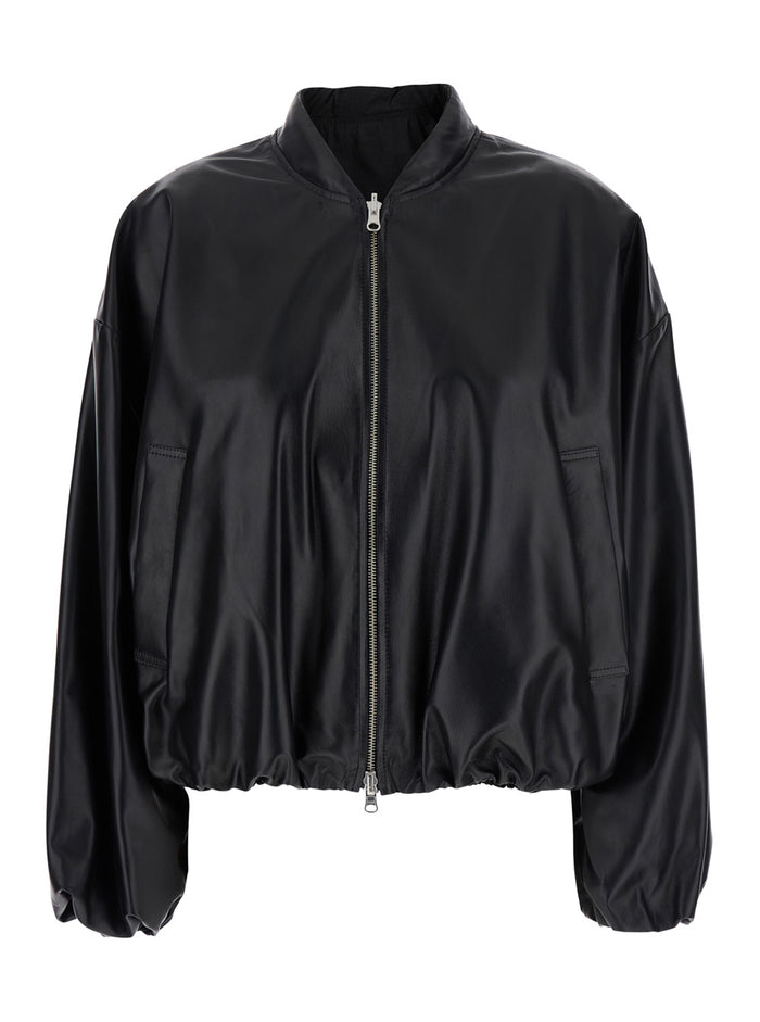 Nova Black Bomber Jacket With Front Zip Closure Leather Woman Lamb