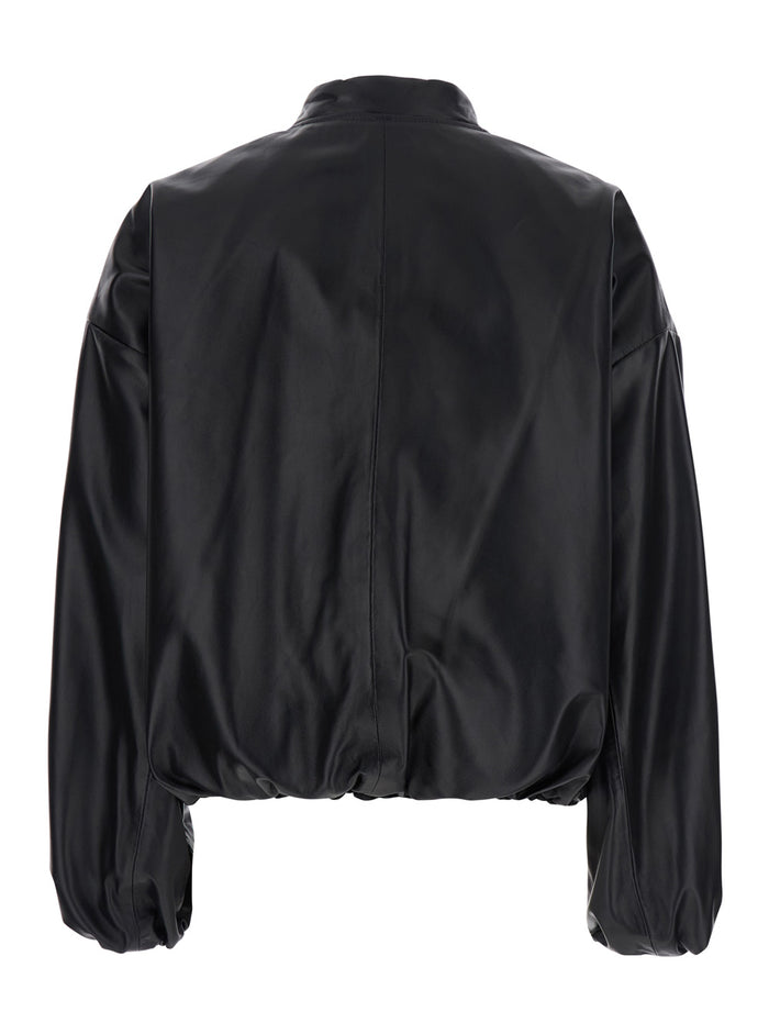 Nova Black Bomber Jacket With Front Zip Closure Leather Woman Lamb