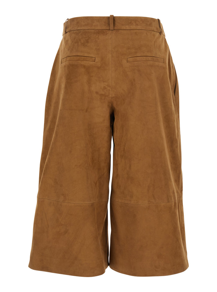 Jina Beige Pants With Belt Loops And Wide Leg Suede Woman Brown Lamb Trousers