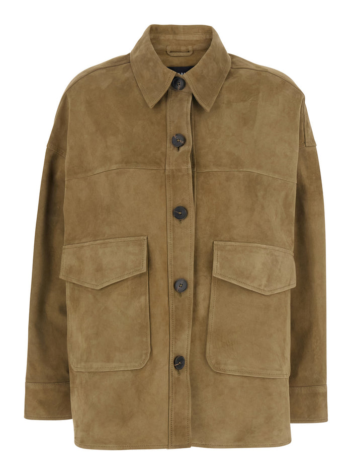 Beige Jacket With Pointed Collar And Front Pockets Suede Woman Lamb