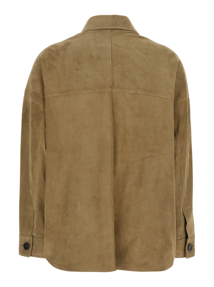 Beige Jacket With Pointed Collar And Front Pockets Suede Woman Lamb