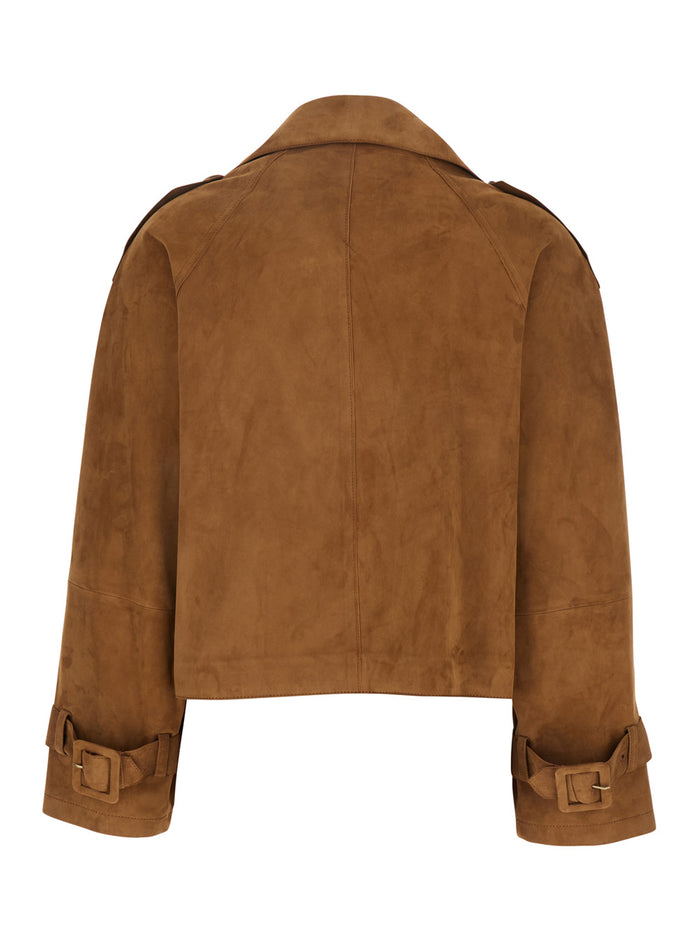 Sia Brown Double-Breasted Jacket With Notched Revers Suede Woman Lamb