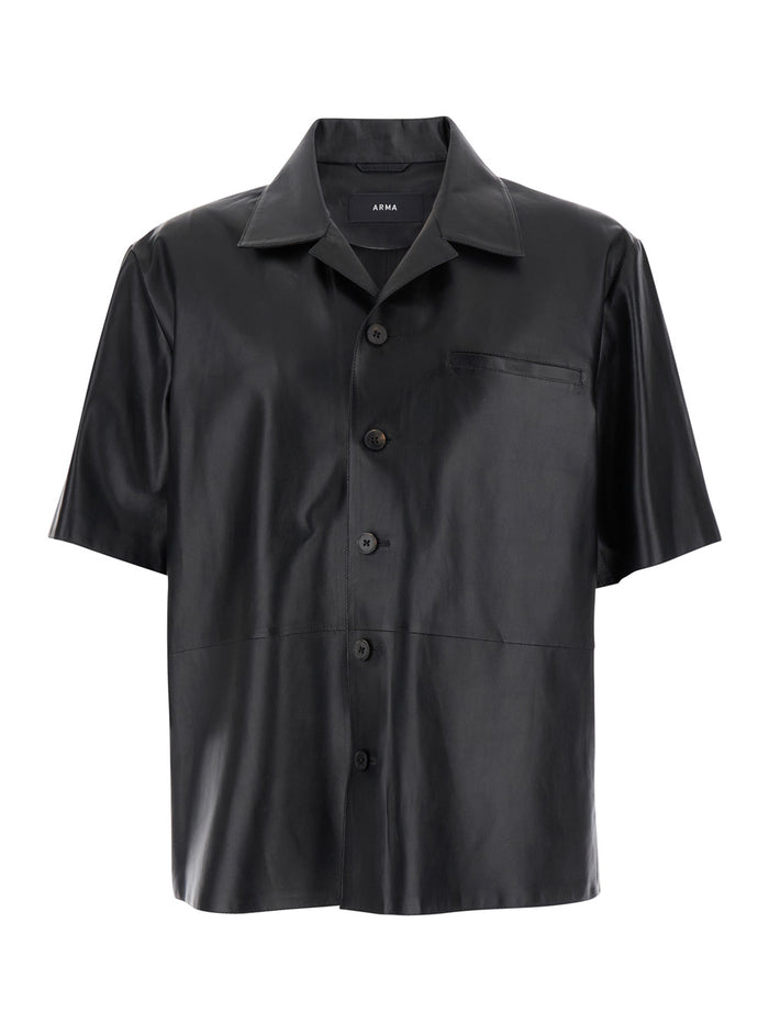 Cave Black Oversize Shirt With Notched Collar Leather Man Lamb And Blouses