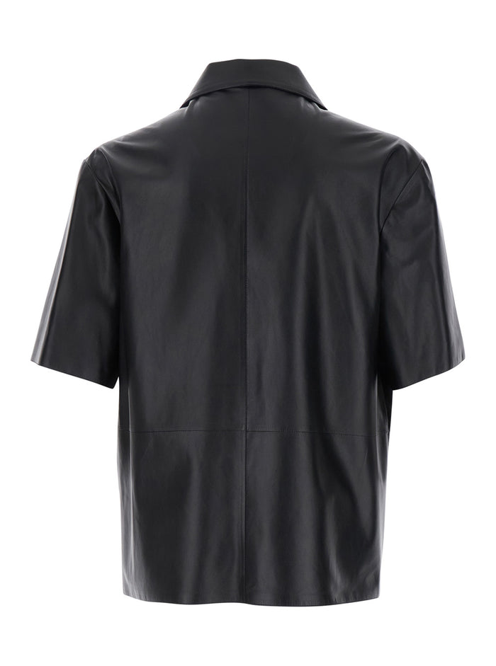 Cave Black Oversize Shirt With Notched Collar Leather Man Lamb And Blouses