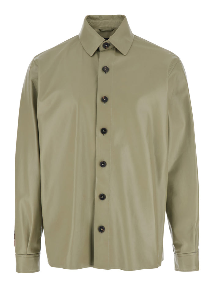 Lush Green Shirt With Classic Collar And Contrasting Buttons Leather Man Lamb Blouses