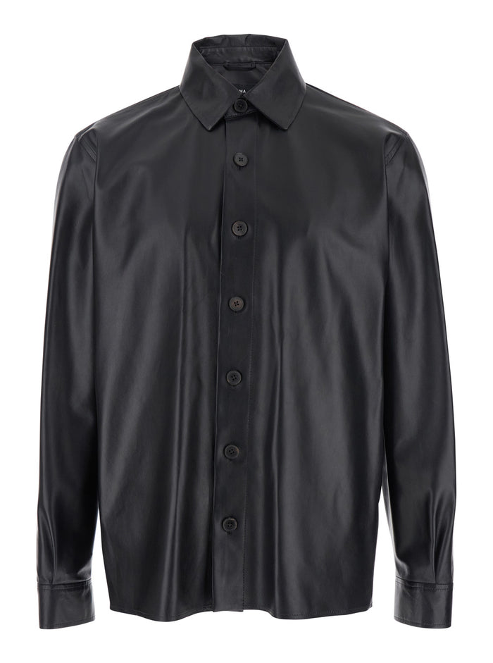 Lush Black Shirt With Classic Collar And Contrasting Buttons Leather Man Lamb Blouses