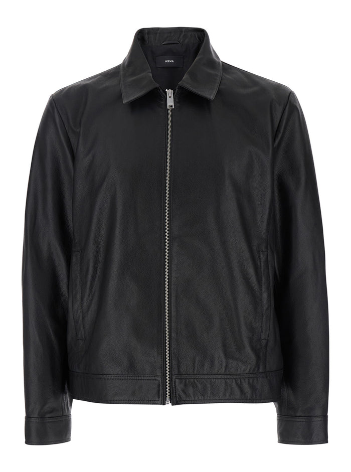 Wani Black Jacket With Classic Collar Leather Man Lamb