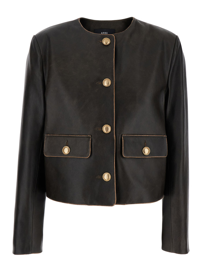 Gaya Dark Brown Jacket With Faded Details Leather Woman Lamb