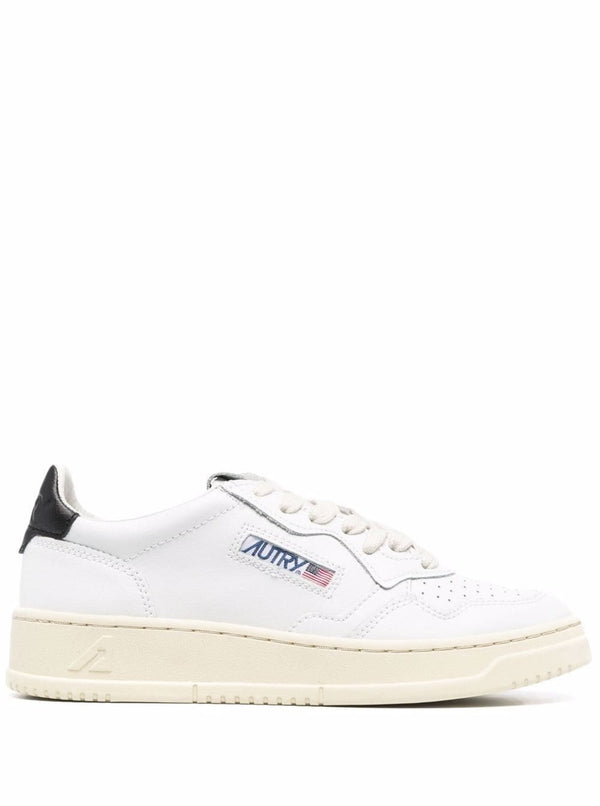 Womens White Leather Sneakers With Black Heel Tab Cow Trainers