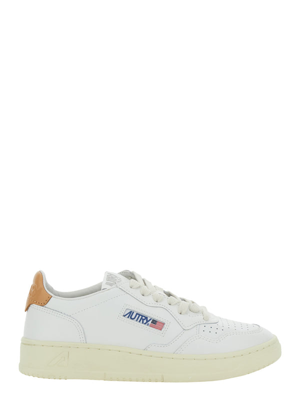 White Low Top Sneakers With Logo Patch Cow Leather Trainers