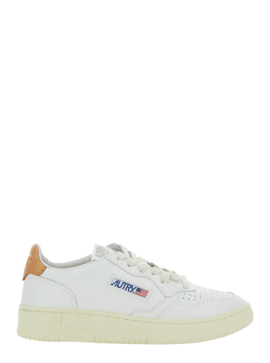 White Low Top Sneakers With Logo Patch Cow Leather Trainers