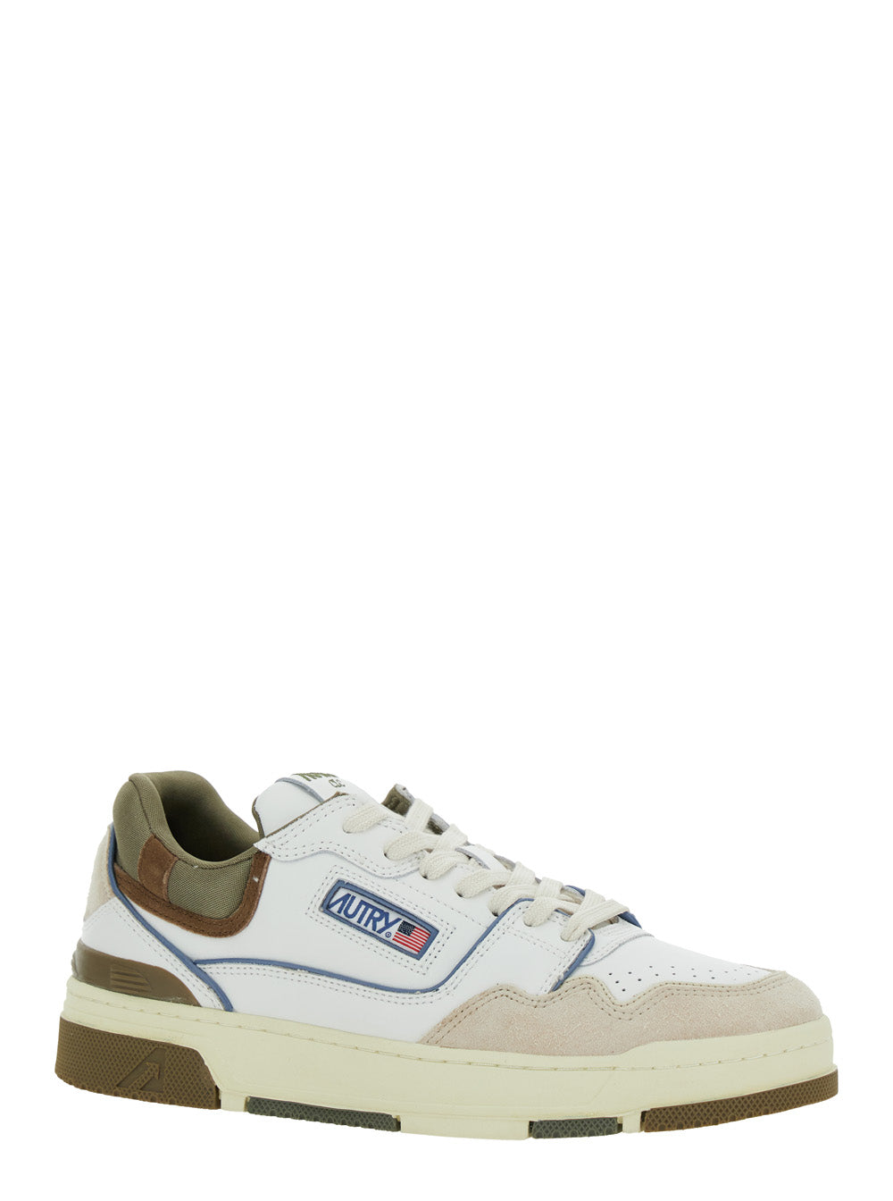 White Low Top Sneakers With Green Details And Logo Patch Leather Suede Man