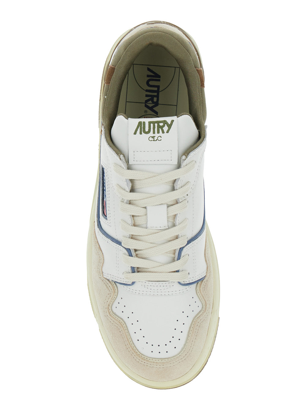White Low Top Sneakers With Green Details And Logo Patch Leather Suede Man