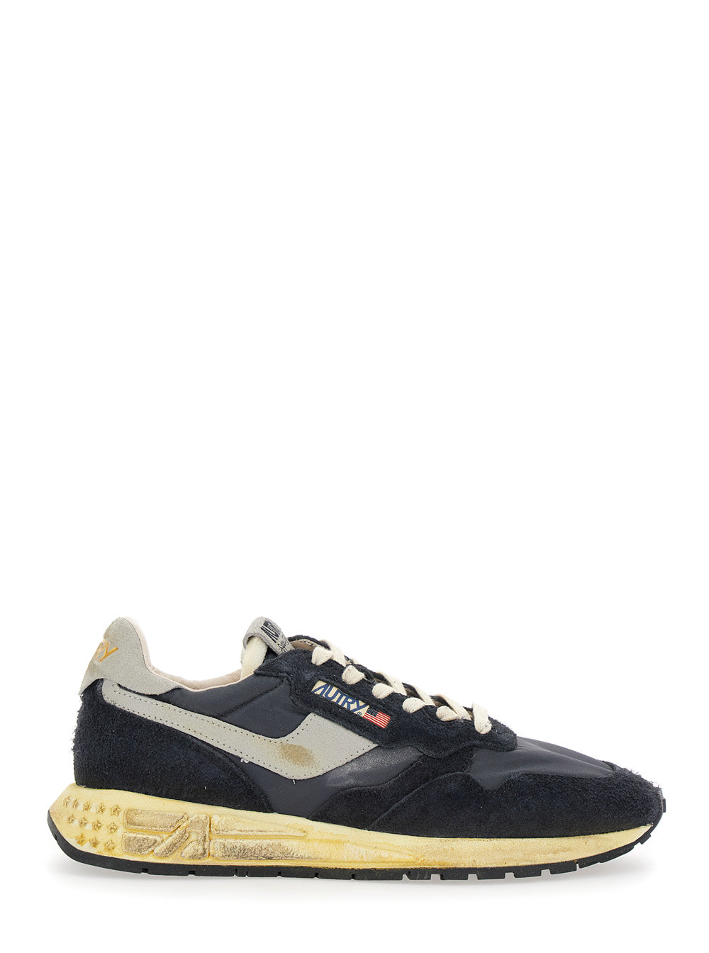 Reel Wind Super Vintage Dark Blue Low Top Sneakers With Logo Detail And Effect Suede Man Blu Nylon Cow Leather