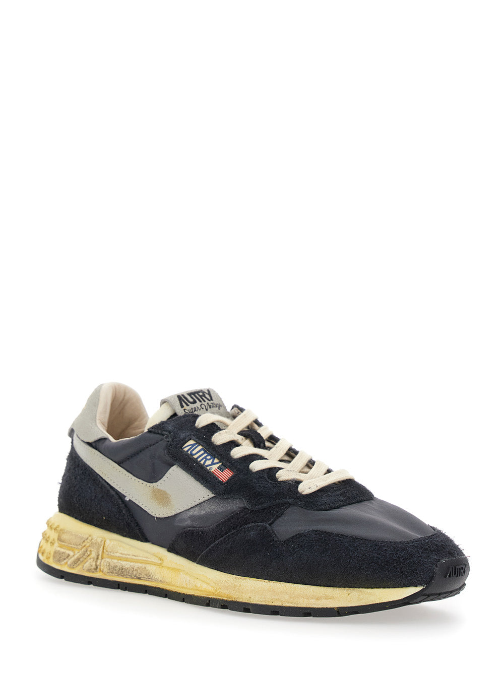 Reel Wind Super Vintage Dark Blue Low Top Sneakers With Logo Detail And Effect Suede Man Blu Nylon Cow Leather