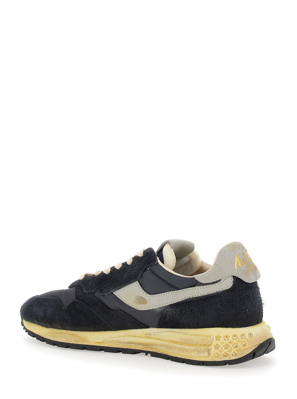 Reel Wind Super Vintage Dark Blue Low Top Sneakers With Logo Detail And Effect Suede Man Blu Nylon Cow Leather