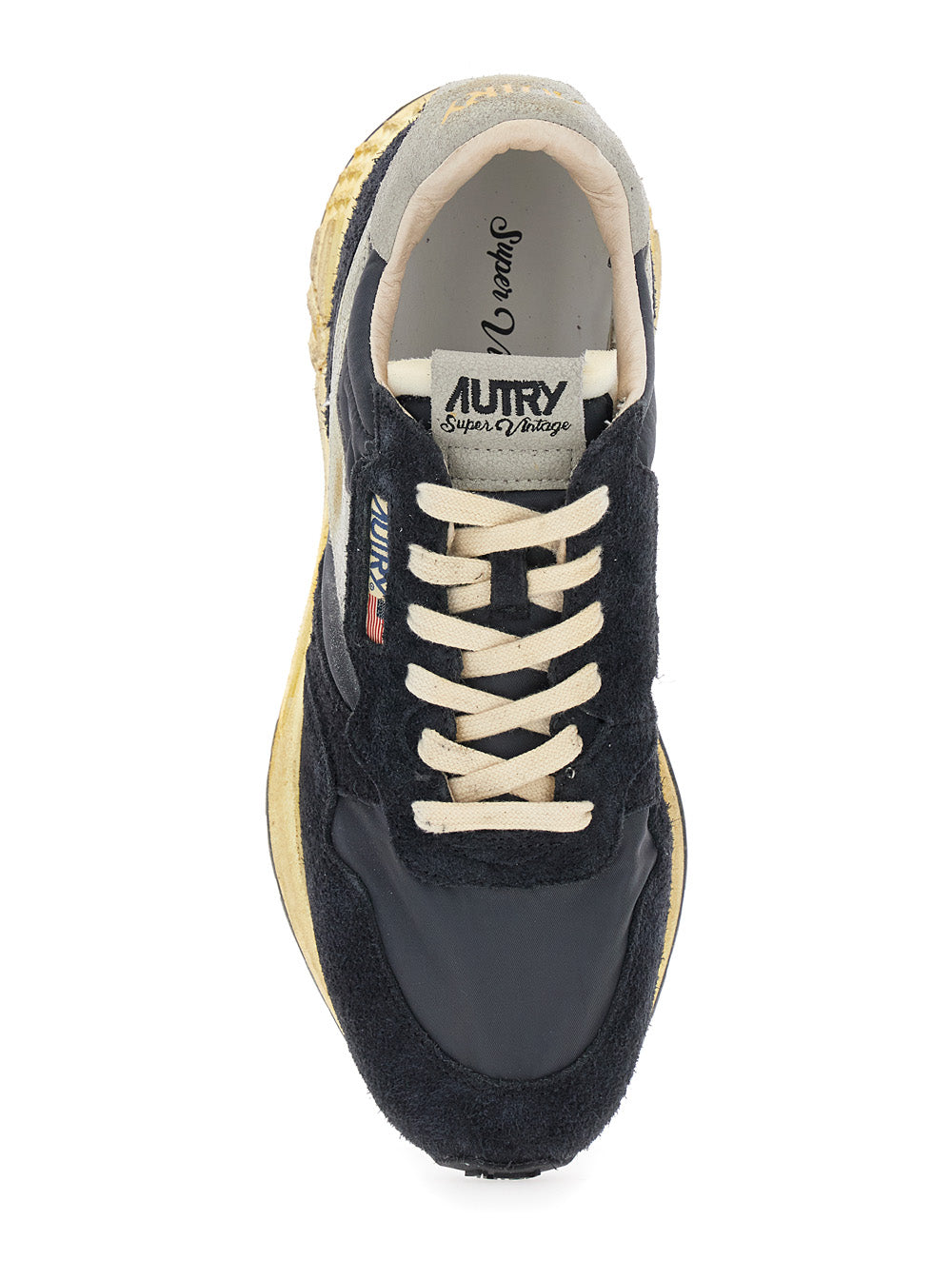 Reel Wind Super Vintage Dark Blue Low Top Sneakers With Logo Detail And Effect Suede Man Blu Nylon Cow Leather