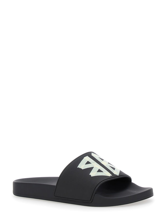Black Sandals with Maxi Contrasting Logo in Tech Fabric Man Tpu Flat Shoes