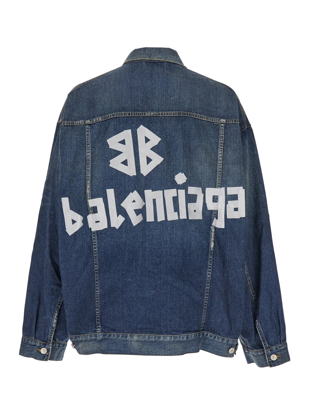 Blue Jacket with Classic Collar and Maxi Logo Print on the Rear in Denim Man Blu Cotton Outerwear