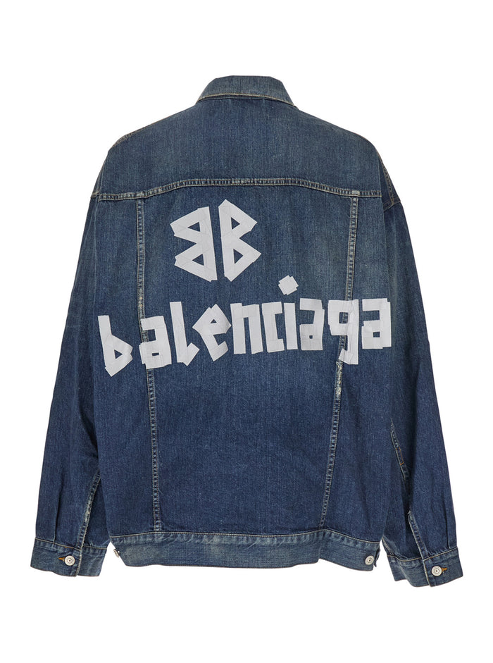 Blue Jacket with Classic Collar and Maxi Logo Print on the Rear in Denim Man Blu Cotton Outerwear