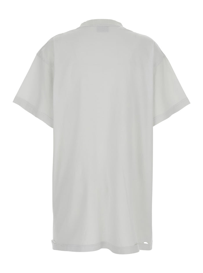 White T-Shirt with Logo Printed on the Front and Torn Details in Cotton Woman Tshirts Polo Shirts