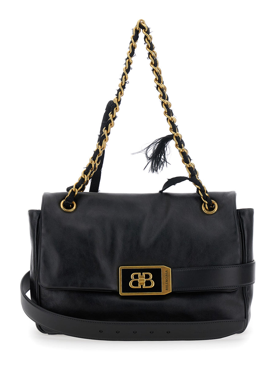 Black Crossbody Bag With Logo Plaque Calf Shoulder