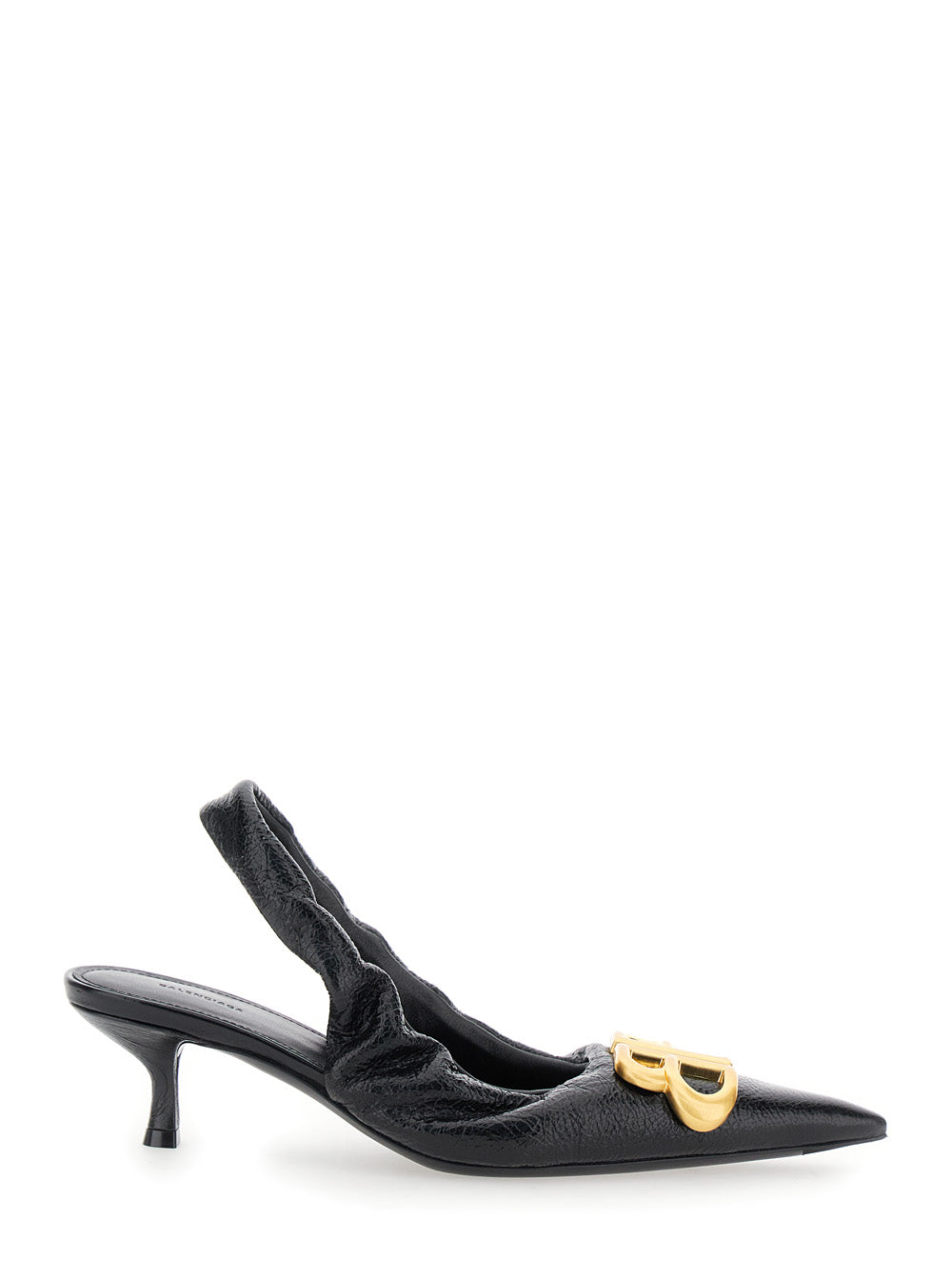 Monaco Black Slingback Pumps With Logo Plaque On The Front And Low Stiletto Heel Leather Woman Lamb Heels