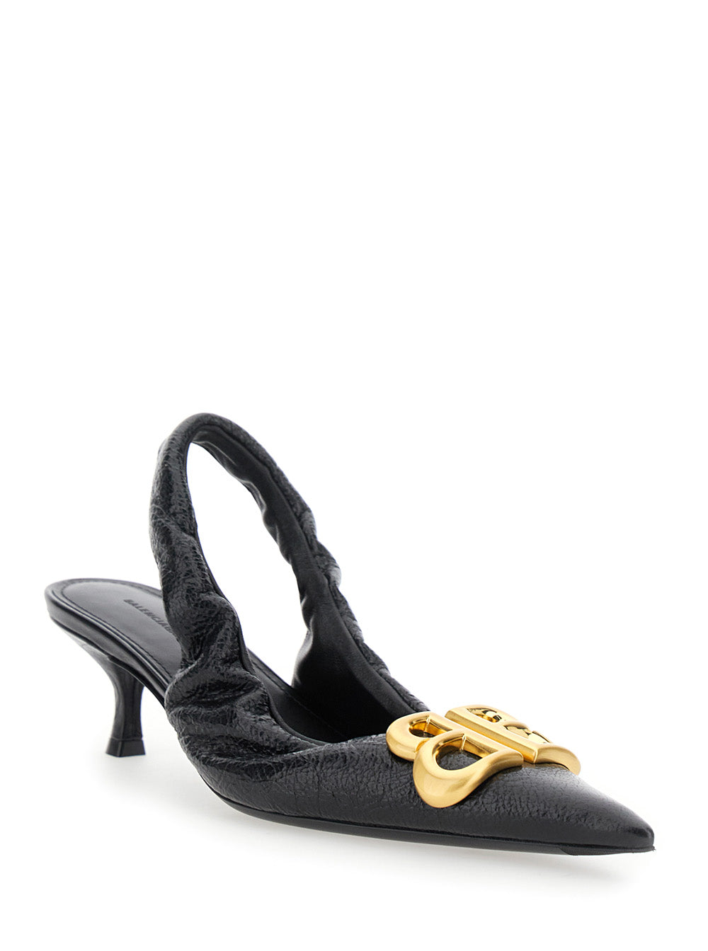 Monaco Black Slingback Pumps With Logo Plaque On The Front And Low Stiletto Heel Leather Woman Lamb Heels