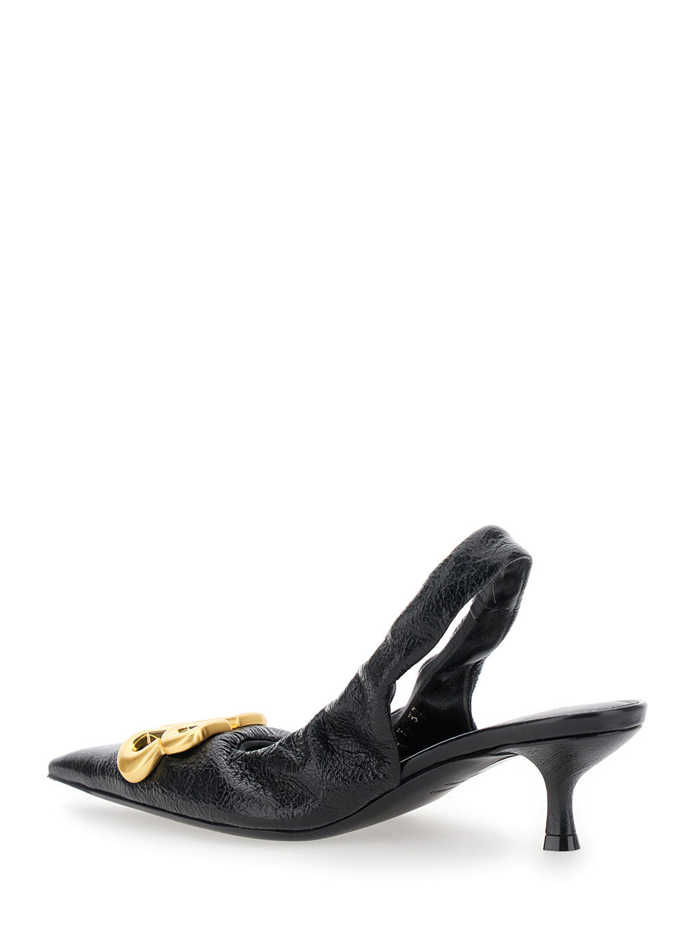 Monaco Black Slingback Pumps With Logo Plaque On The Front And Low Stiletto Heel Leather Woman Lamb Heels