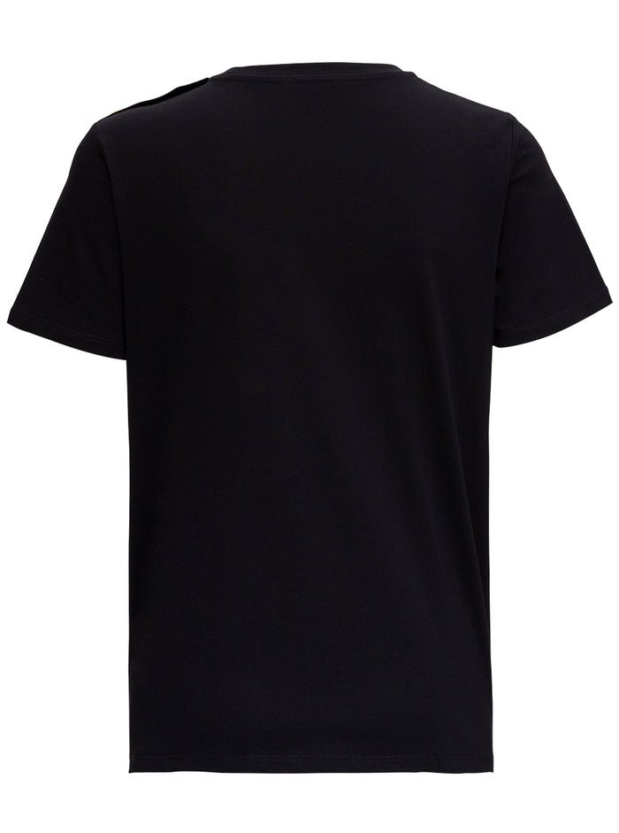 Black Crewneck T-Shirt With Logo Print And Golden Buttons Jersey Woman Cotton Tshirts Polo Shirts