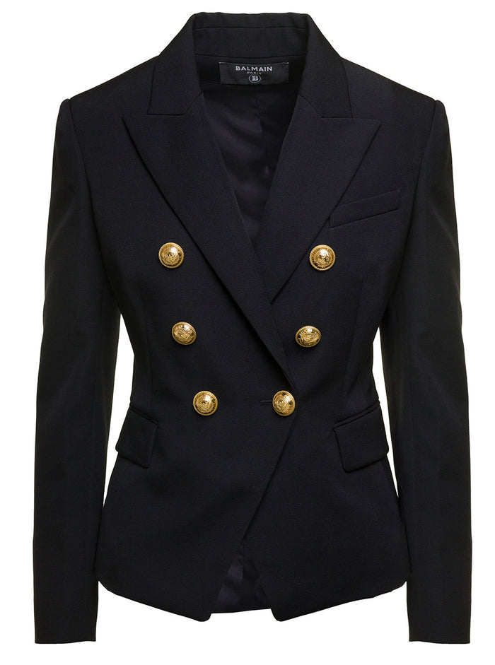 Black Double-Breasted Jacket With Branded Buttons And Asymmetric Cut Wool Woman Blazers