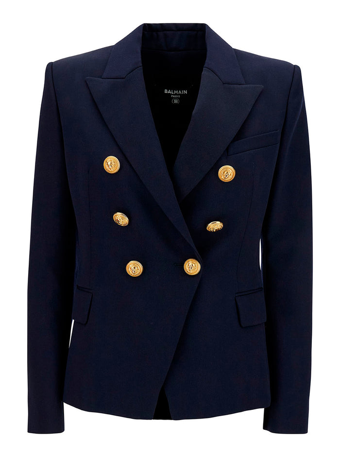Blue Double-Breasted Jacket With Jewel Buttons Wool Woman Blu Blazers