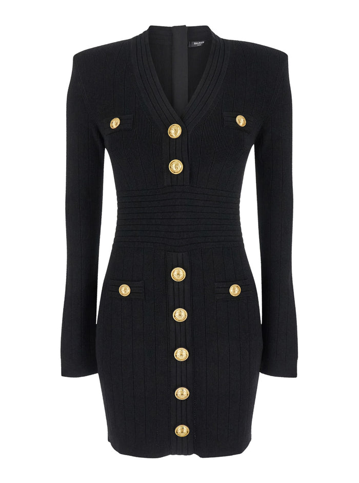 Mini Black Dress With Golden Buttons Stretch Viscose Woman Polyester