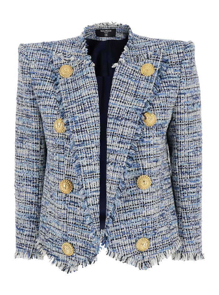 Side To Blue Jacket With Peak Revers And Jewel Buttons Cotton Blend Woman Blu Blazers