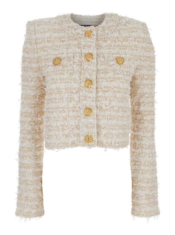 White Crewneck Cardigan With Jewel Buttons Tech Fabric Woman Polyamid Viscose Polyester Jersey