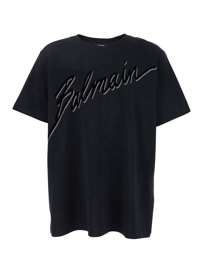 Black T-Shirt With Logo Lettering On The Front Cotton Man Tshirts And Polo Shirts