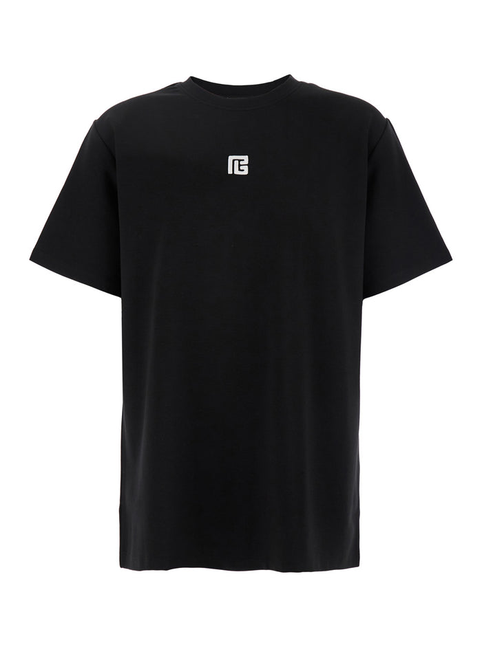 Black Crewneck T-Shirt With Logo Detail Embroidery On The Front Cotton Blend Man Tshirts And Polo Shirts