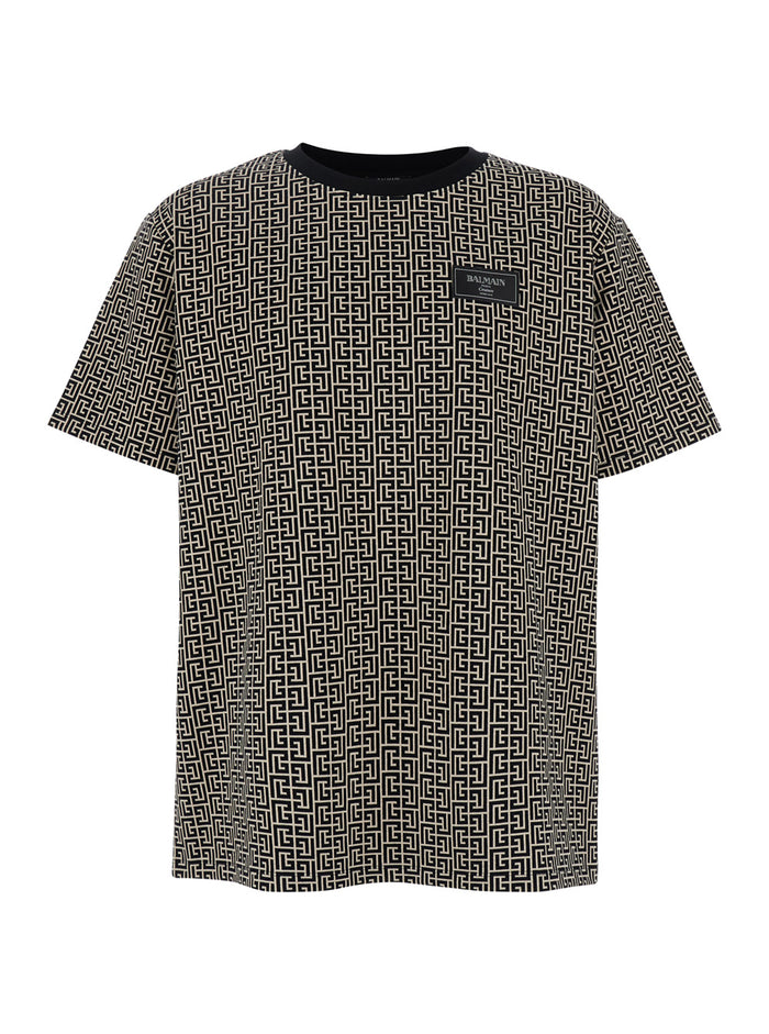Grey T-Shirt With Logo Applied On The Chest And All-Over Labyrinth Motif Cotton Man Elastane Tshirts Polo Shirts