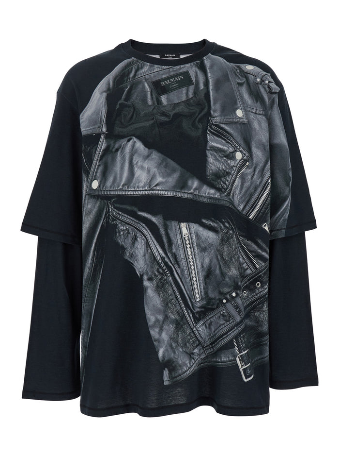 Leather Trompe Lœil Ls T-Shirt Black Cotton Tshirts And Polo Shirts