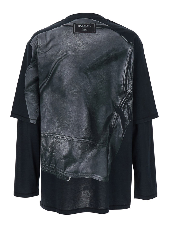 Leather Trompe Lœil Ls T-Shirt Black Cotton Tshirts And Polo Shirts