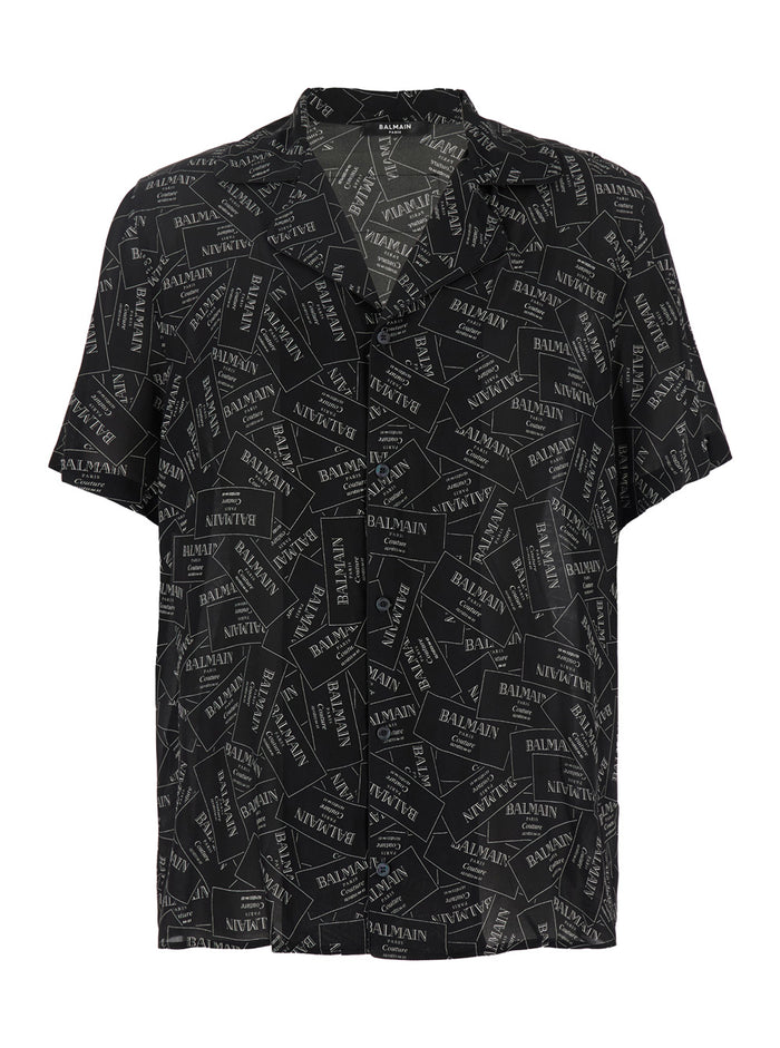 Black Shirt With Notched Collar And All-Over Logo Print Viscose Man Blouses