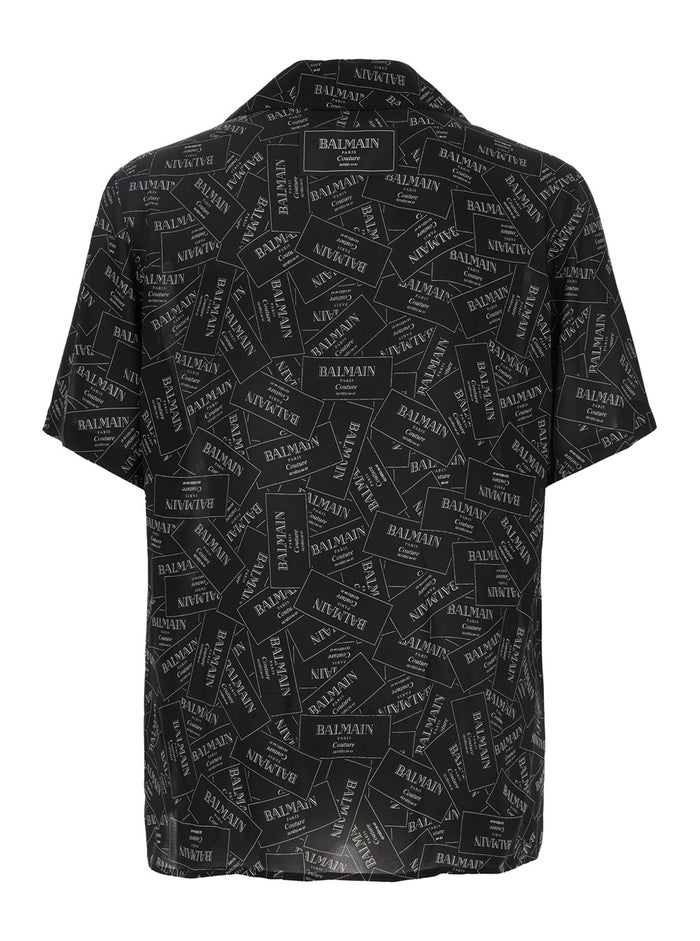 Black Shirt With Notched Collar And All-Over Logo Print Viscose Man Blouses