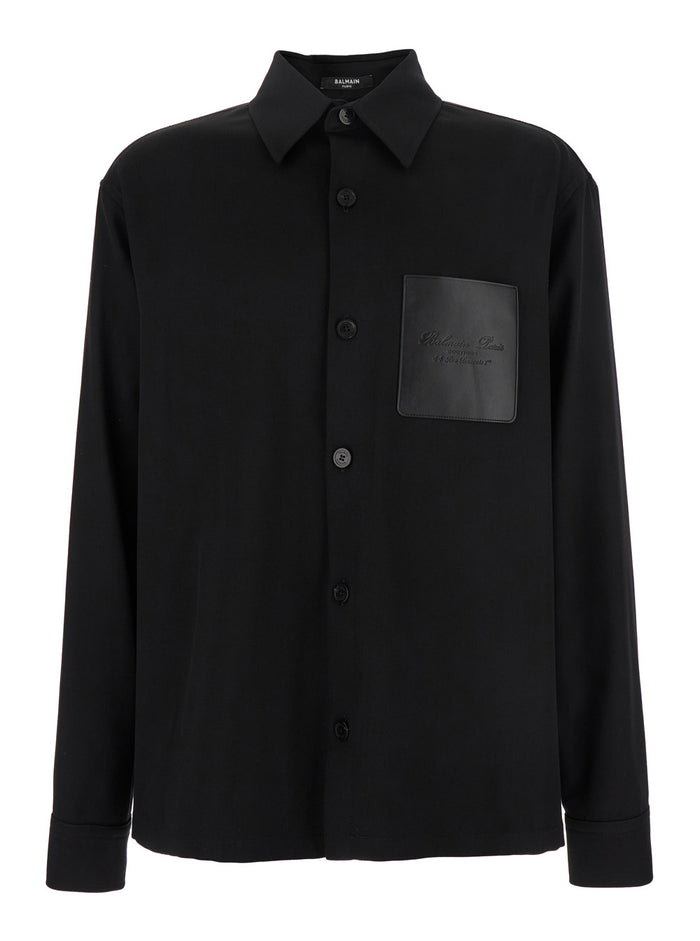 Black Shirt With Classic Collar And Logo Detail On The Pocket Wool Stretch Man Virgin Elastan Blouses