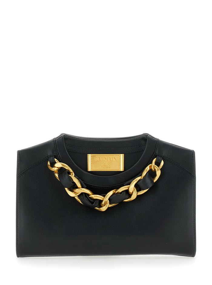 Black Pouch With Logo Plaque On The Front And Crewneck Effect Leather Woman Calf Clutches Pochettes